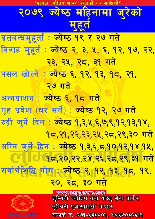 २०७९ ज्येष्ठ महिनाको सम्पूर्ण साइत/मुहूर्तहरुको जानकारीको लागी: