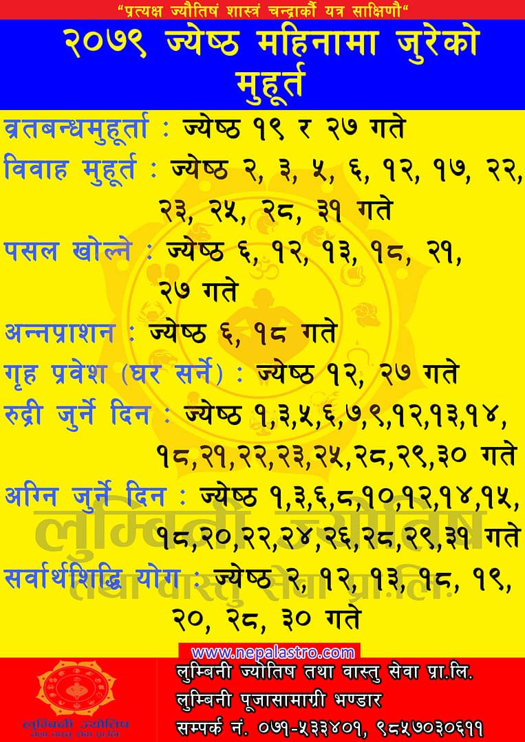 २०७९ ज्येष्ठ महिनाको सम्पूर्ण साइत/मुहूर्तहरुको जानकारीको लागी: